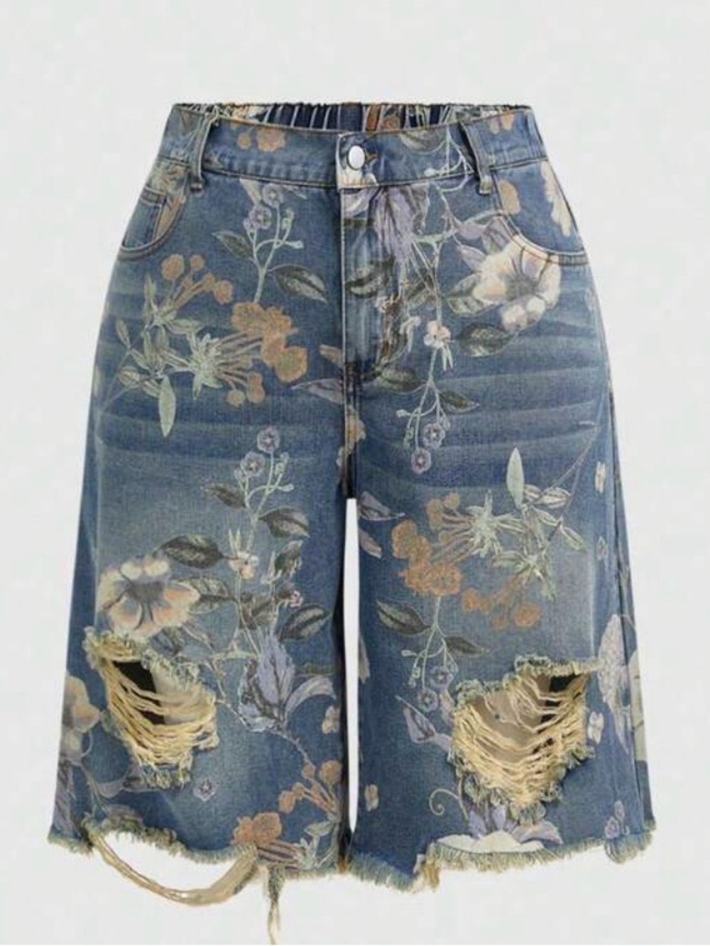 Floral Distressed Denim Bermuda Shorts - Blue